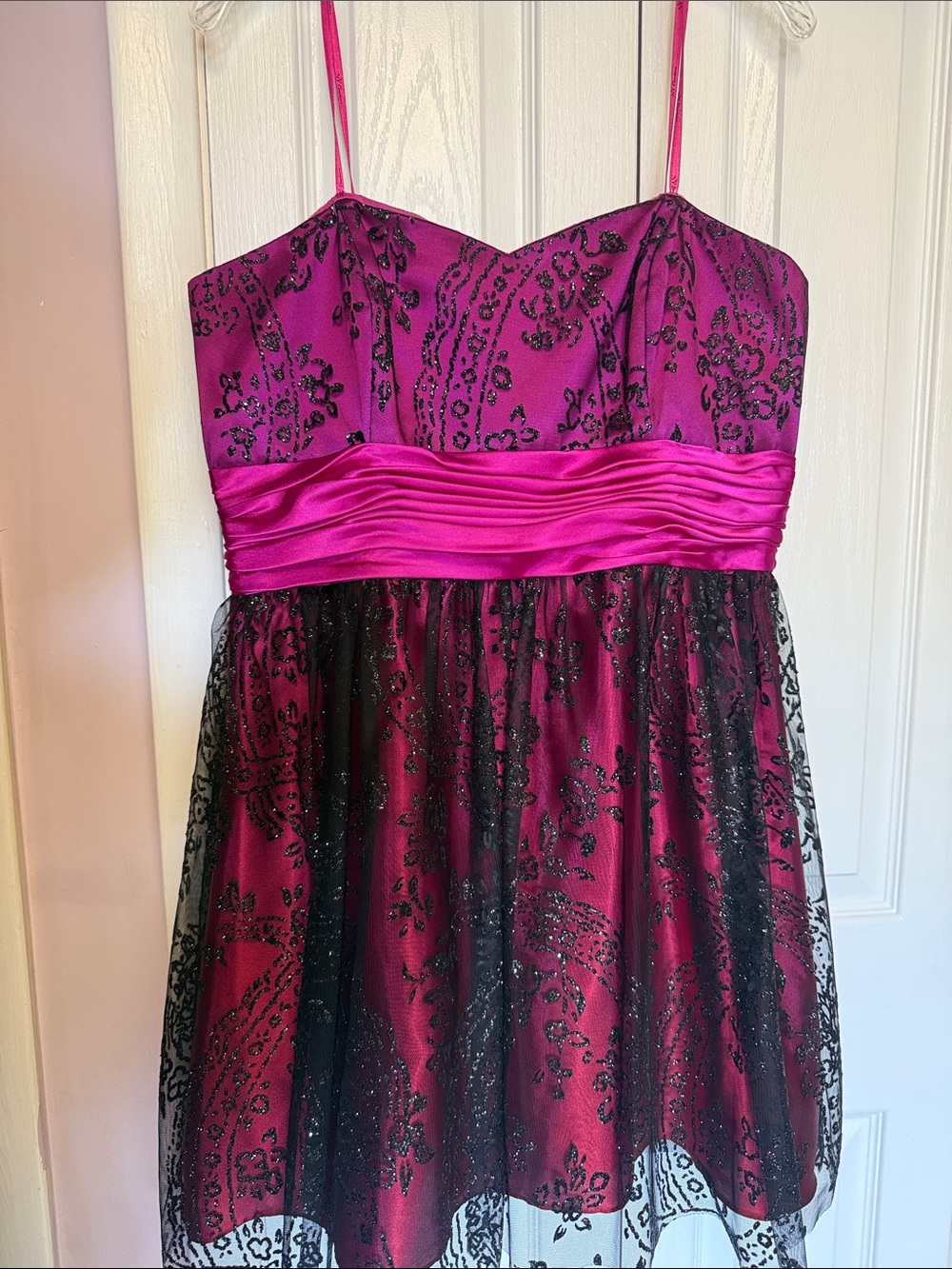 Girls' Fuscia & Black Glitter Lace Party Dress